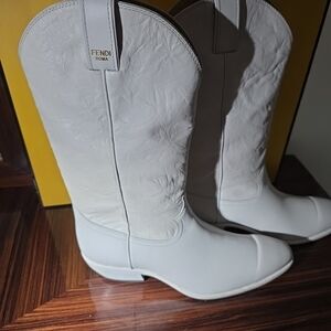 Fendi White Leather Cowboy Boots